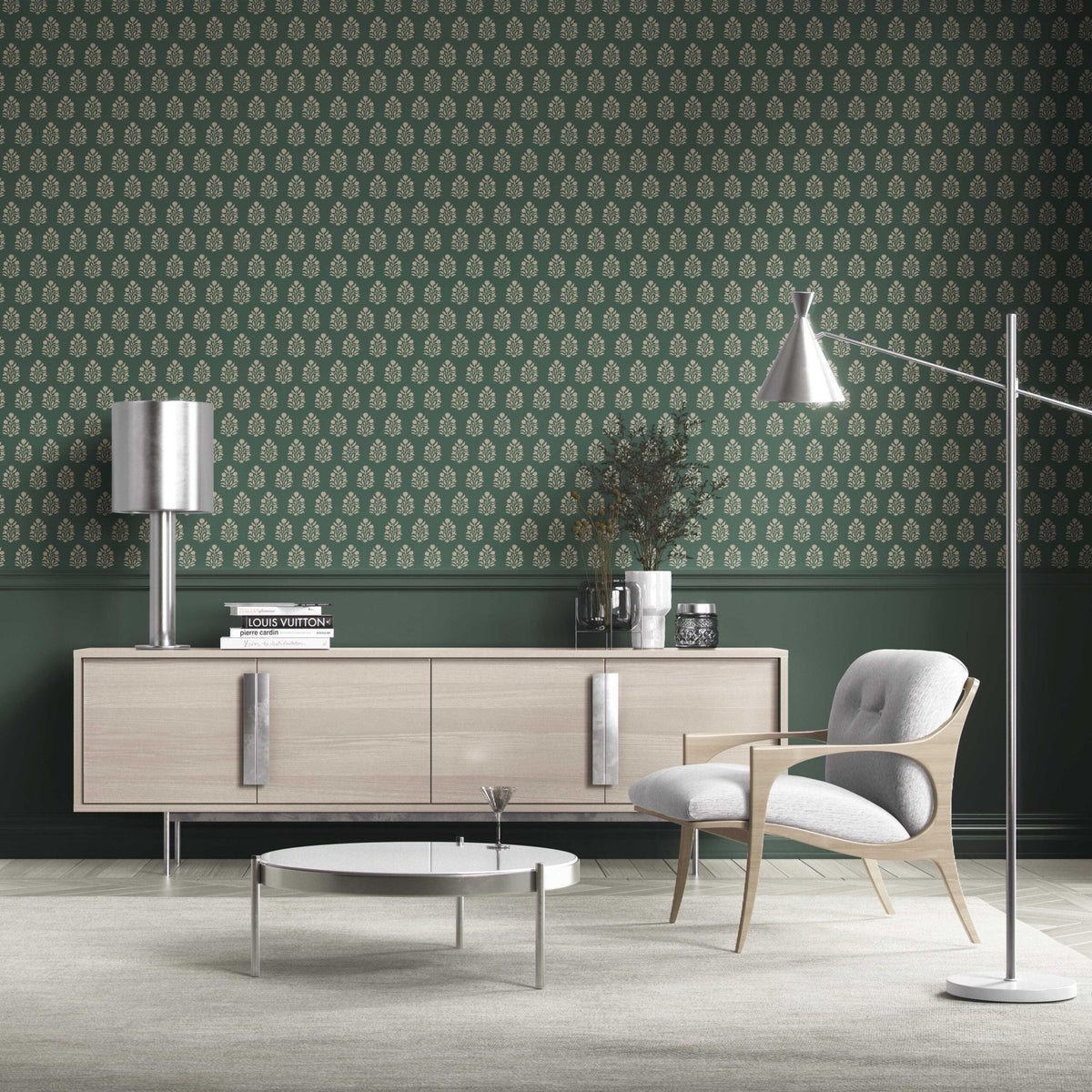 Vintage-Inspired Botanical Floral Block Print Kitchen Wallpaper (Green/ Beige)
