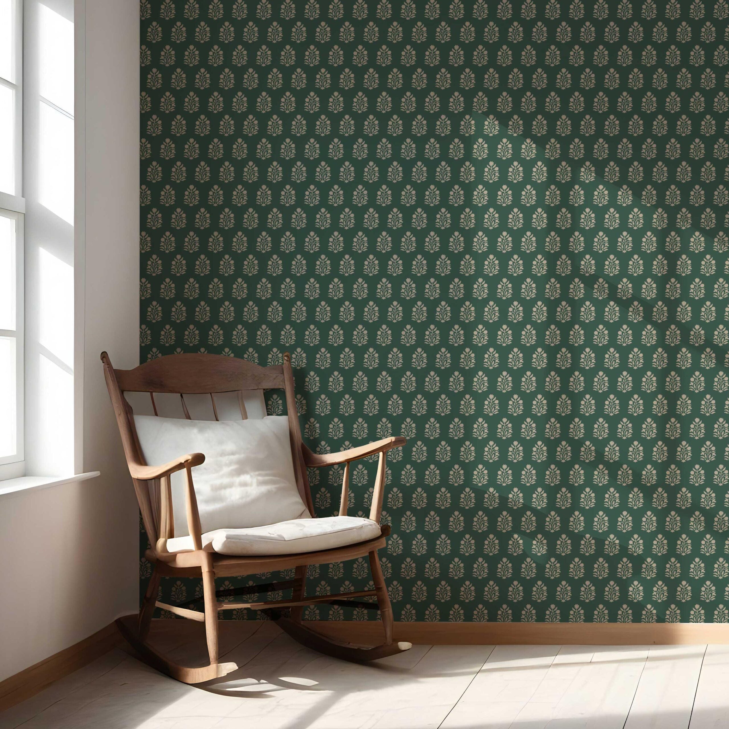 Vintage-Inspired Botanical Floral Block Print Nursery Wallpaper Sample (Green/ Beige)