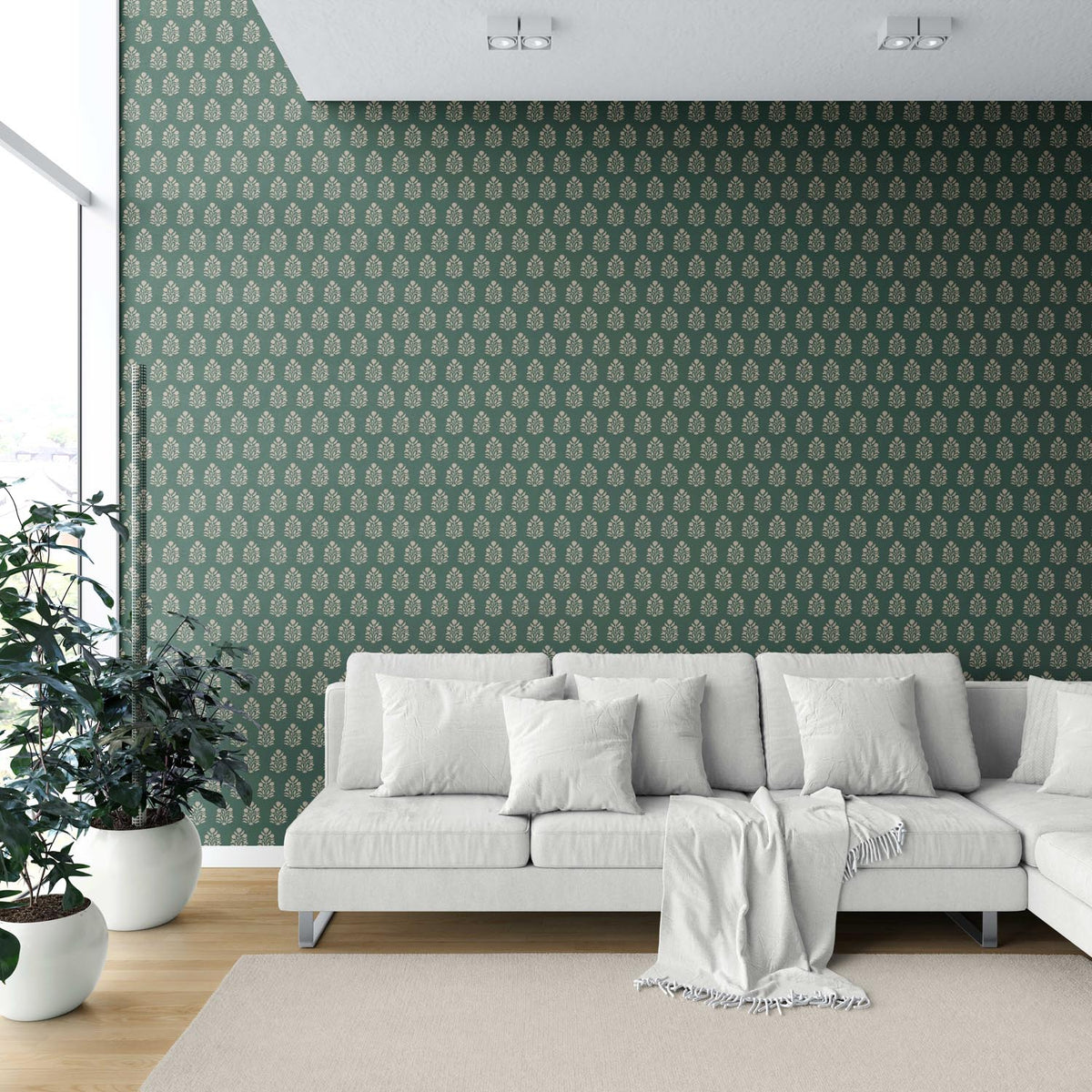 Vintage-Inspired Botanical Floral Block Print Shower Toilet Wallpaper (Green/ Beige)