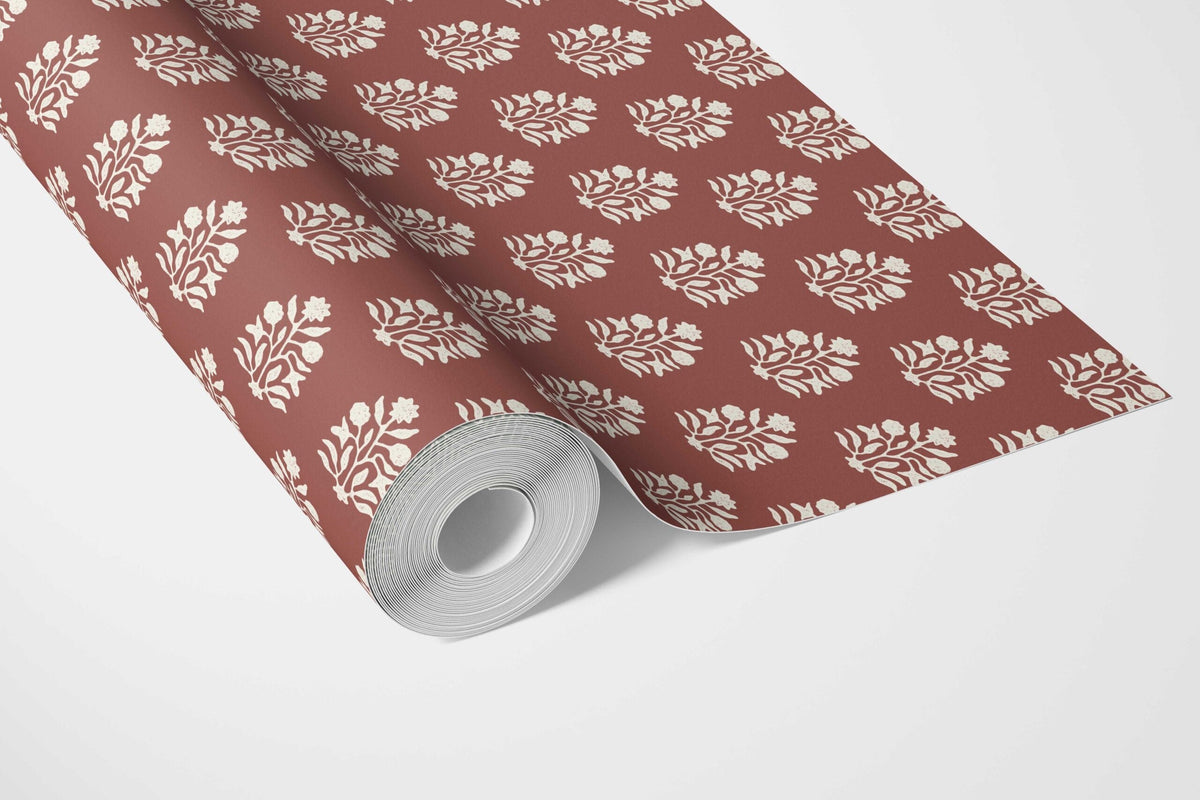 Vintage-Inspired Botanical Floral Block Print Bathroom Wallpaper Sample (Brick Red/ White)
