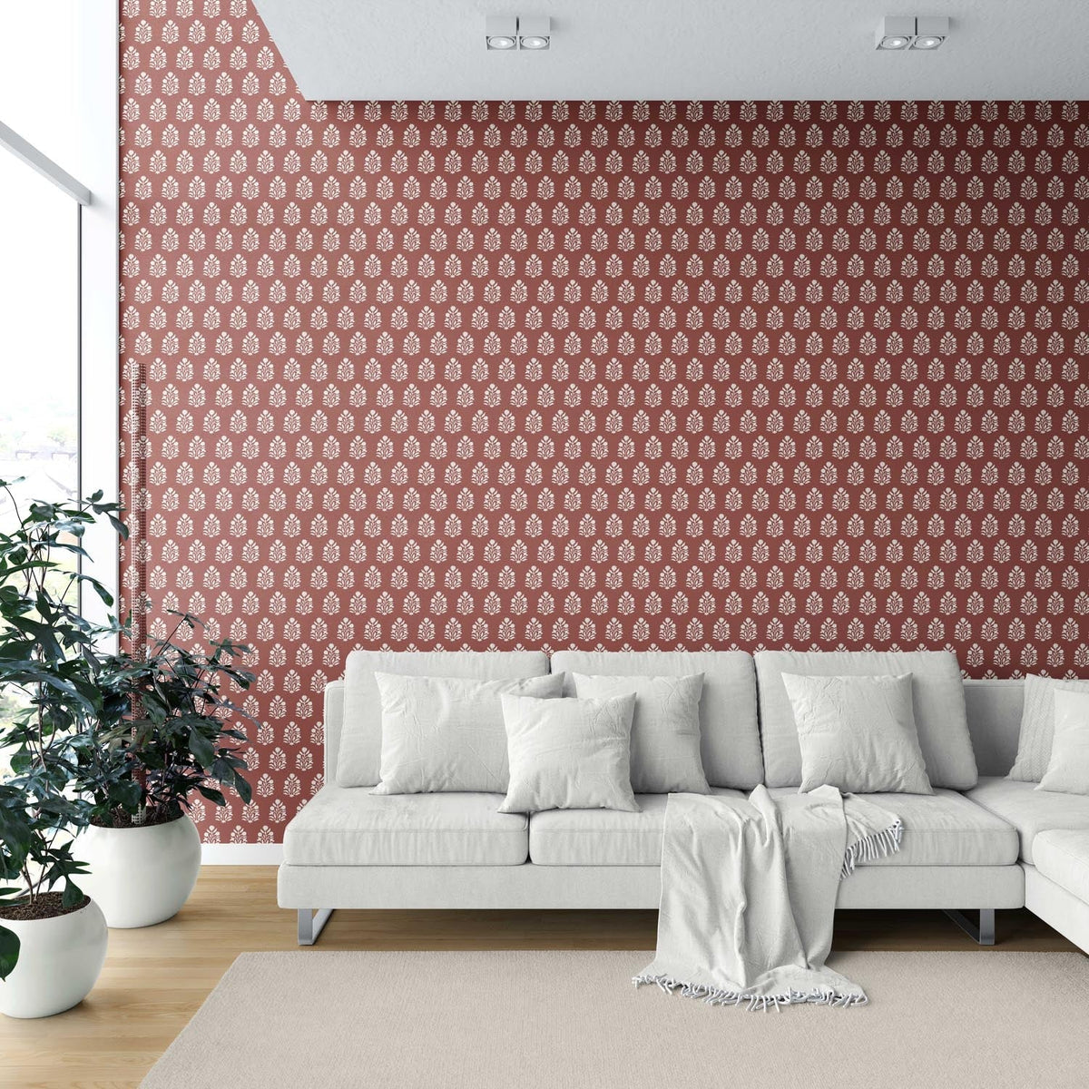 Vintage-Inspired Botanical Floral Block Print Shower Toilet Wallpaper Sample (Brick Red/ White)