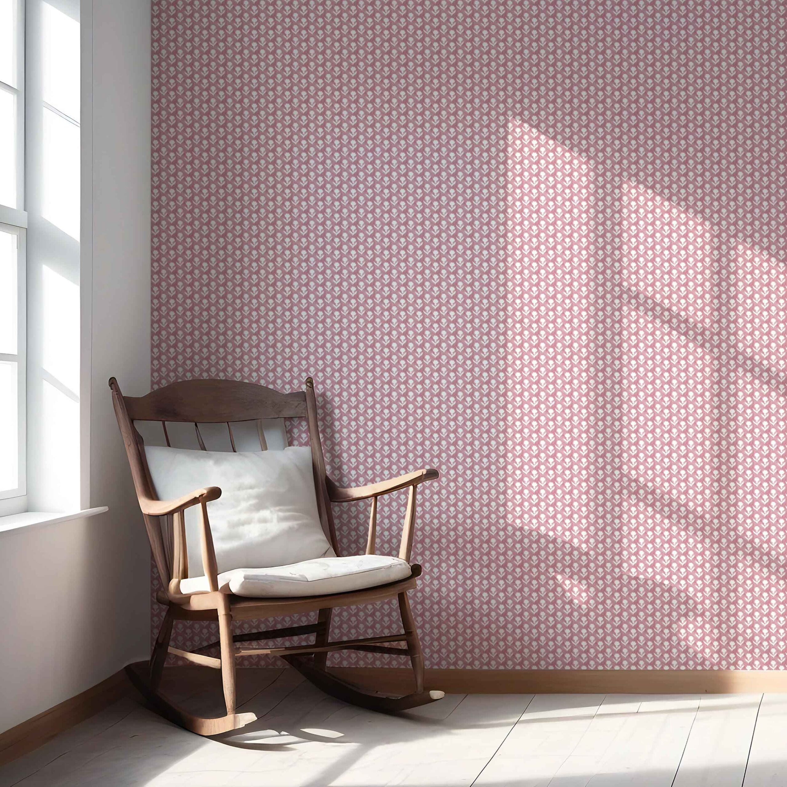 Small Floral Block Print Nursery Wallpaper Sample (Pink/ White)