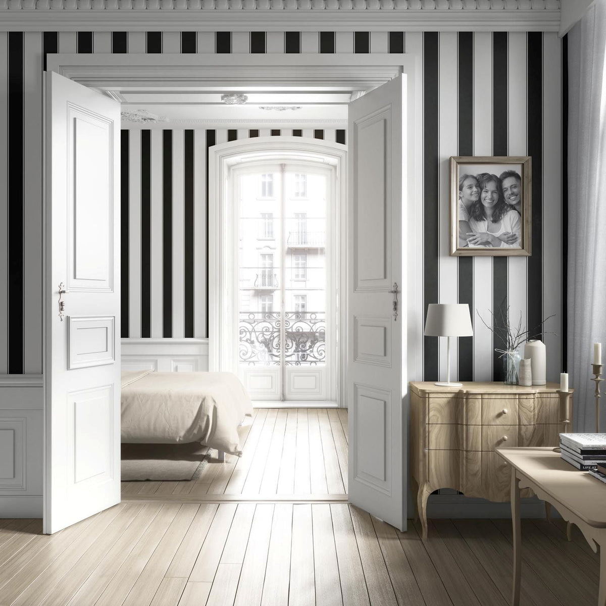 Neutral-Toned Scandi-Inspired Striped Living Room Wallpaper (Black & White)