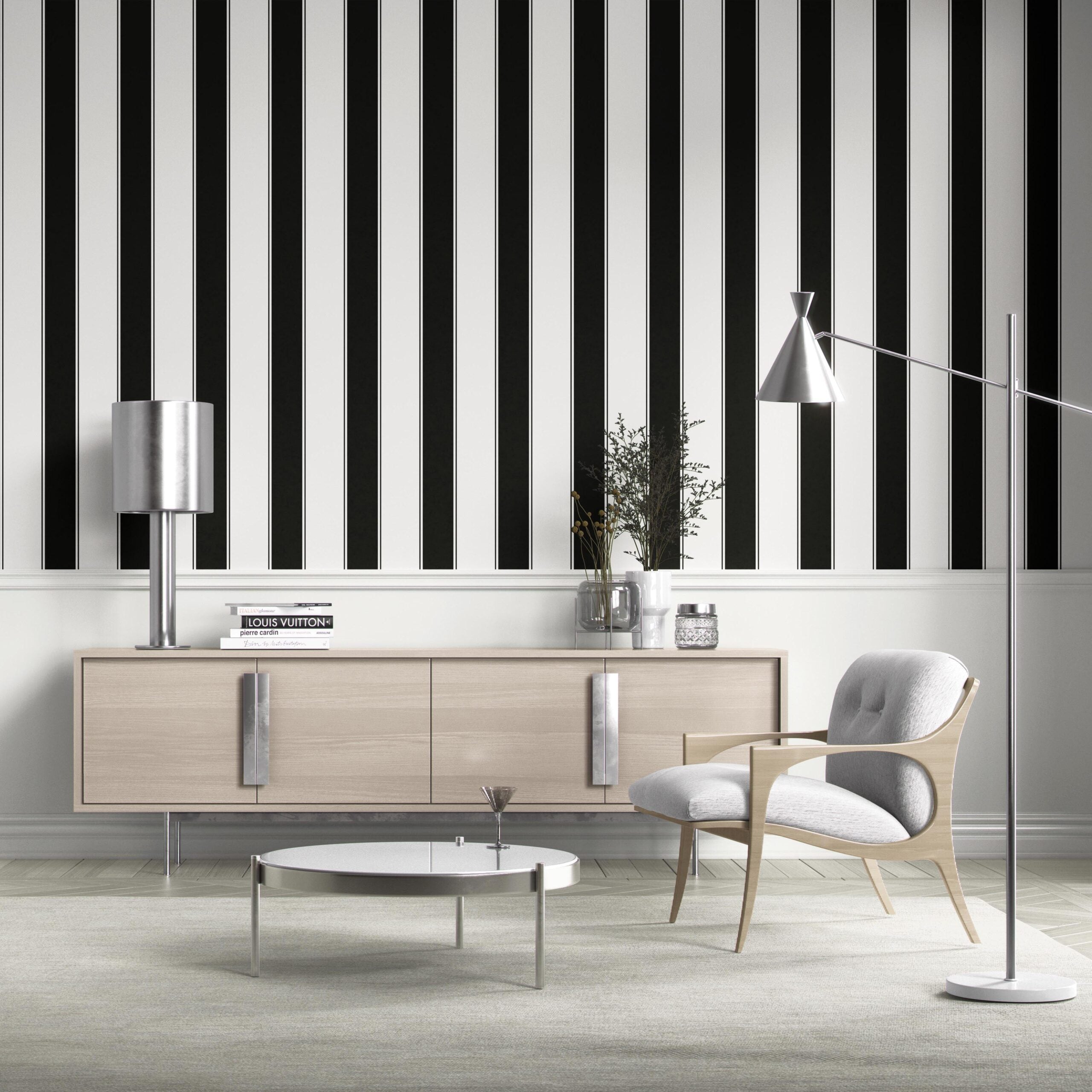 Neutral-Toned Scandi-Inspired Striped Shower Toilet Wallpaper Sample (Black & White)