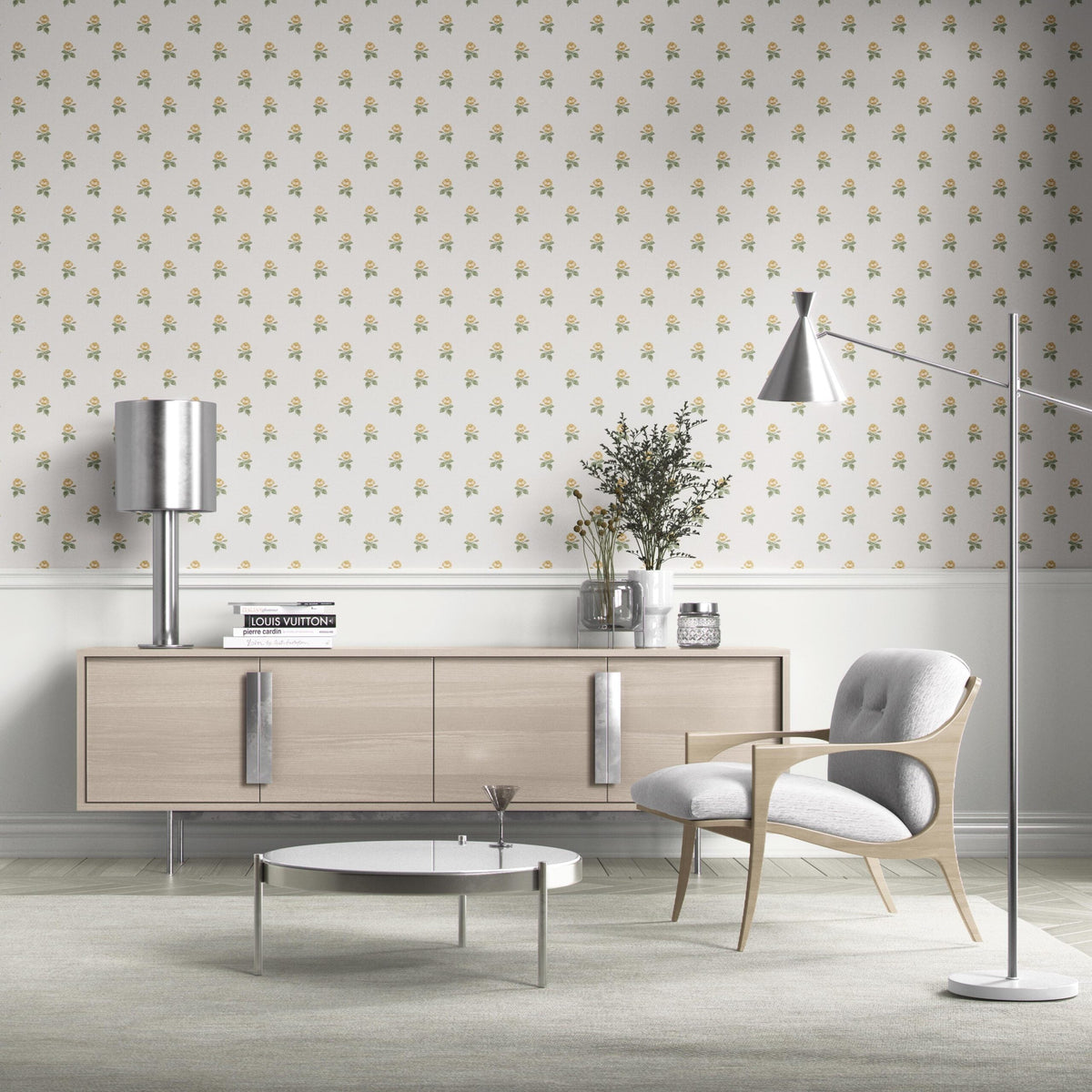 Vintage-Inspired Floral Block Print Bathroom Wallpaper (Yellow/ Green/ White)