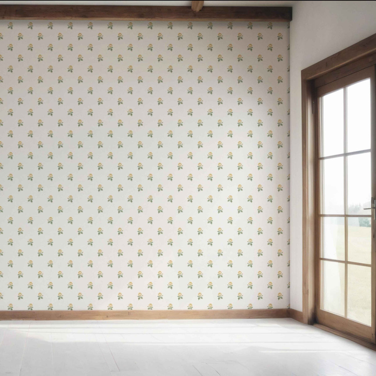Vintage-Inspired Floral Block Print Bedroom Wallpaper Sample (Yellow/ Green/ White)
