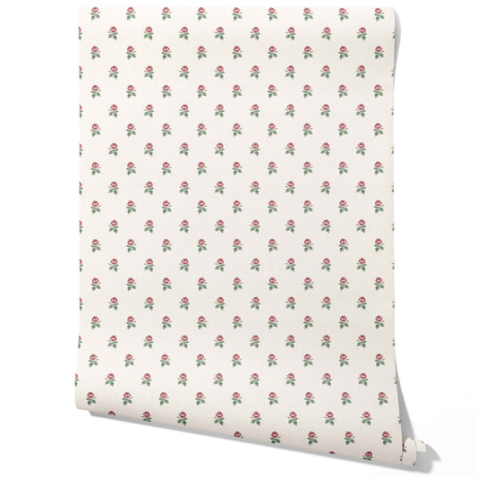 Vintage-Inspired Floral Block Print Traditional Wallpaper (Red-Pink/ Green/ White)