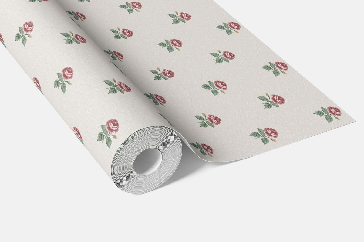Vintage-Inspired Floral Block Print Kitchen Wallpaper Sample (Red-Pink/ Green/ White)