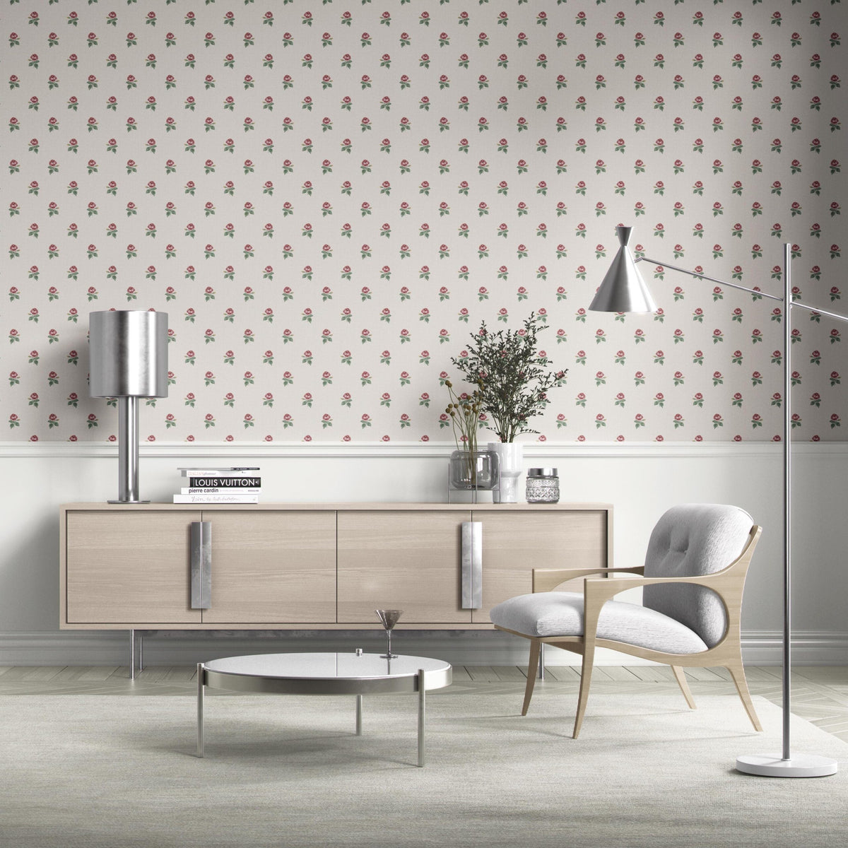 Vintage-Inspired Floral Block Print Bathroom Wallpaper Sample (Red-Pink/ Green/ White)