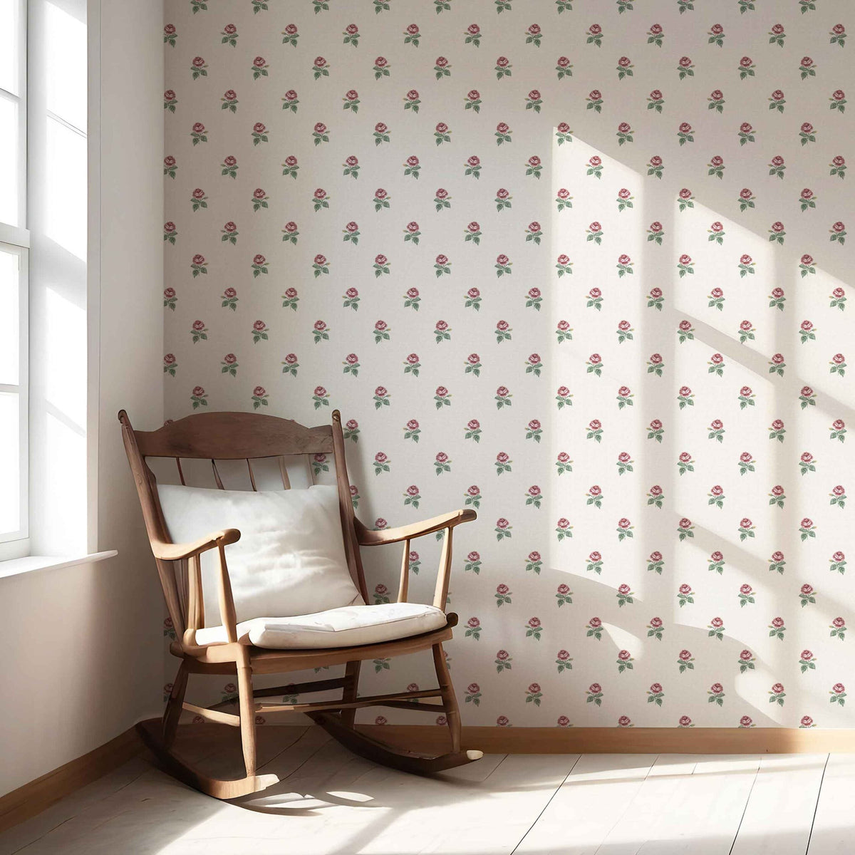 Vintage-Inspired Floral Block Print Nursery Wallpaper (Red-Pink/ Green/ White)