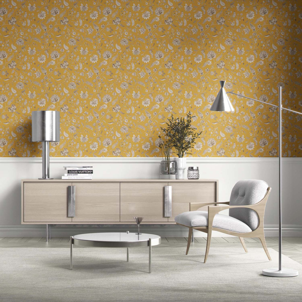 Floral Botanical Patterned Kitchen Wallpaper Sample (Yellow/ Beige)
