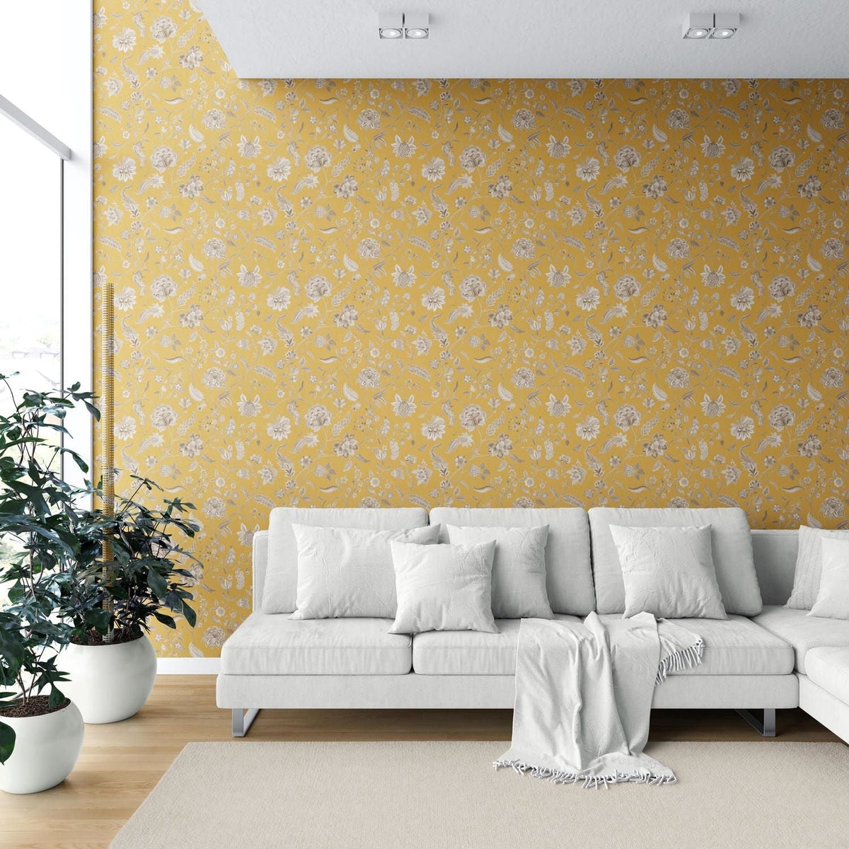 Floral Botanical Patterned Shower Toilet Wallpaper Sample (Yellow/ Beige)