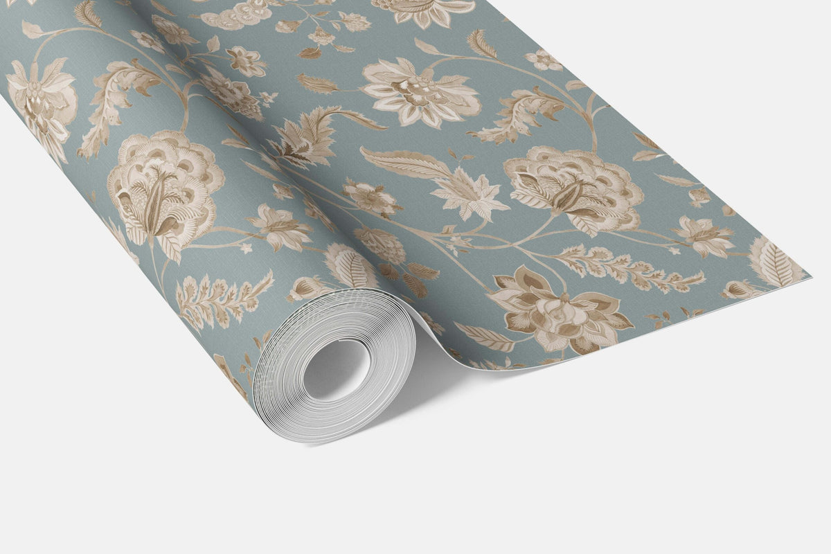Floral Botanical Patterned Bathroom Wallpaper Sample (Blue-Gray/ Beige)
