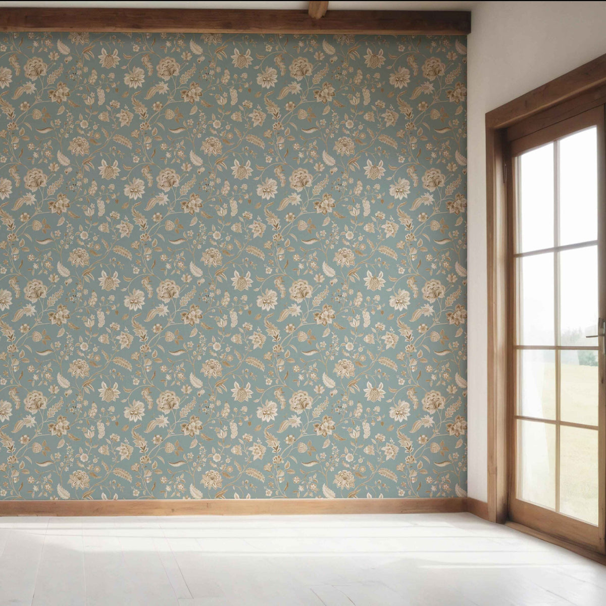 Floral Botanical Patterned Bedroom Wallpaper Sample (Blue-Gray/ Beige)