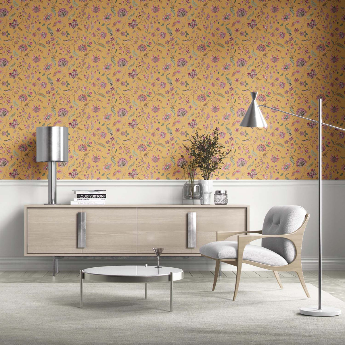Floral Botanical Patterned Kitchen Wallpaper (Yellow/ Pink/ Green)