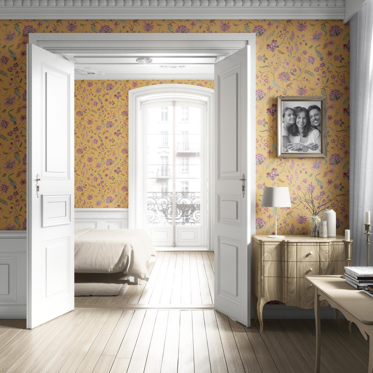 Floral Botanical Patterned Living Room Wallpaper (Yellow/ Pink/ Green)