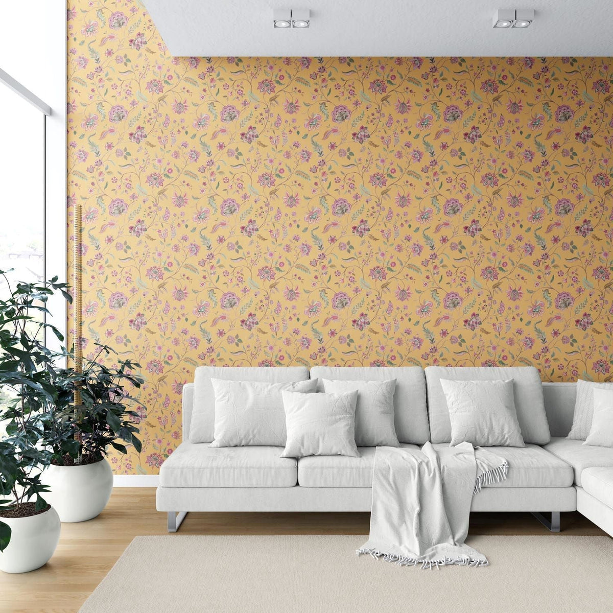 Floral Botanical Patterned Shower Toilet Wallpaper Sample (Yellow/ Pink/ Green)