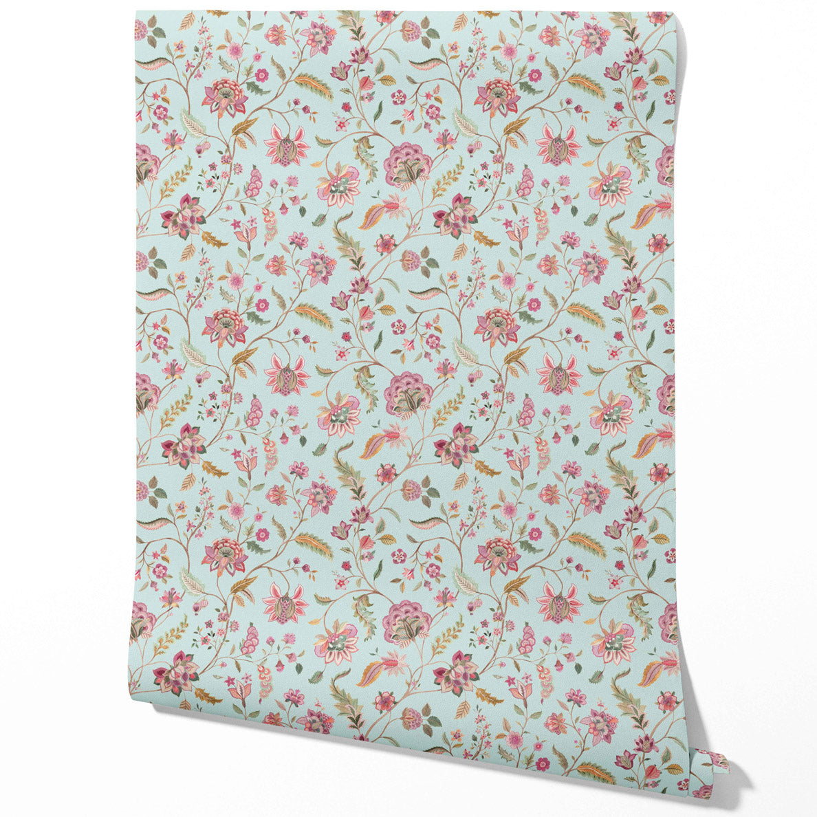 Floral Botanical Patterned Traditional Wallpaper Sample (Blue/ Pink/ Green)