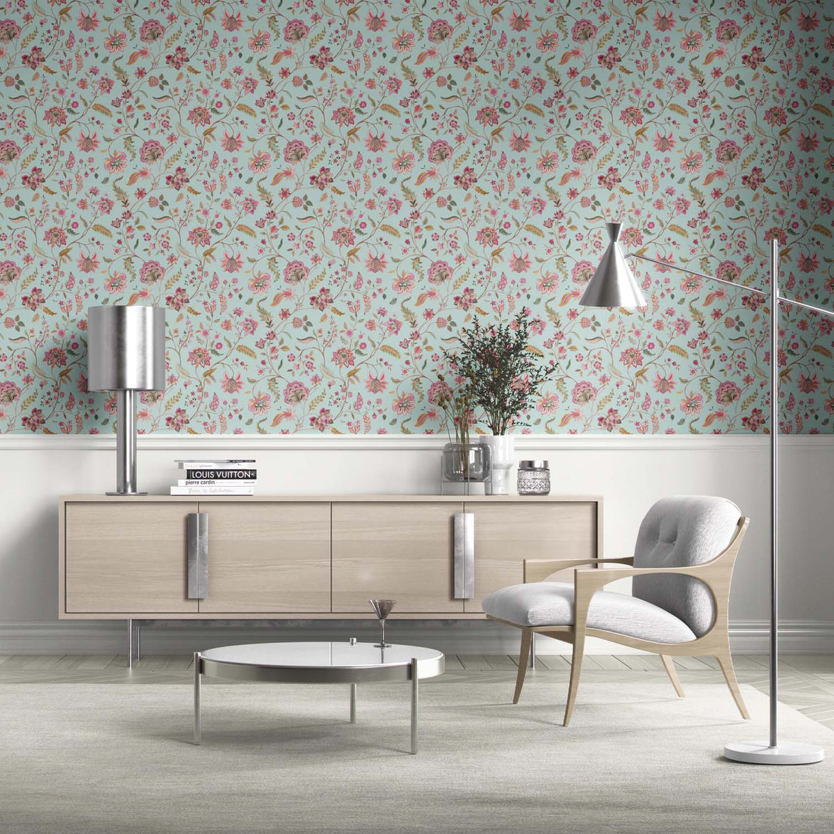 Floral Botanical Patterned Kitchen Wallpaper Sample (Blue/ Pink/ Green)