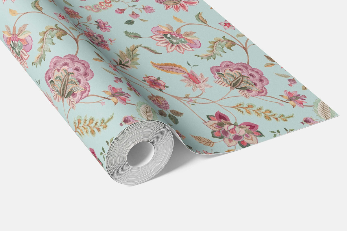 Floral Botanical Patterned Bathroom Wallpaper Sample (Blue/ Pink/ Green)