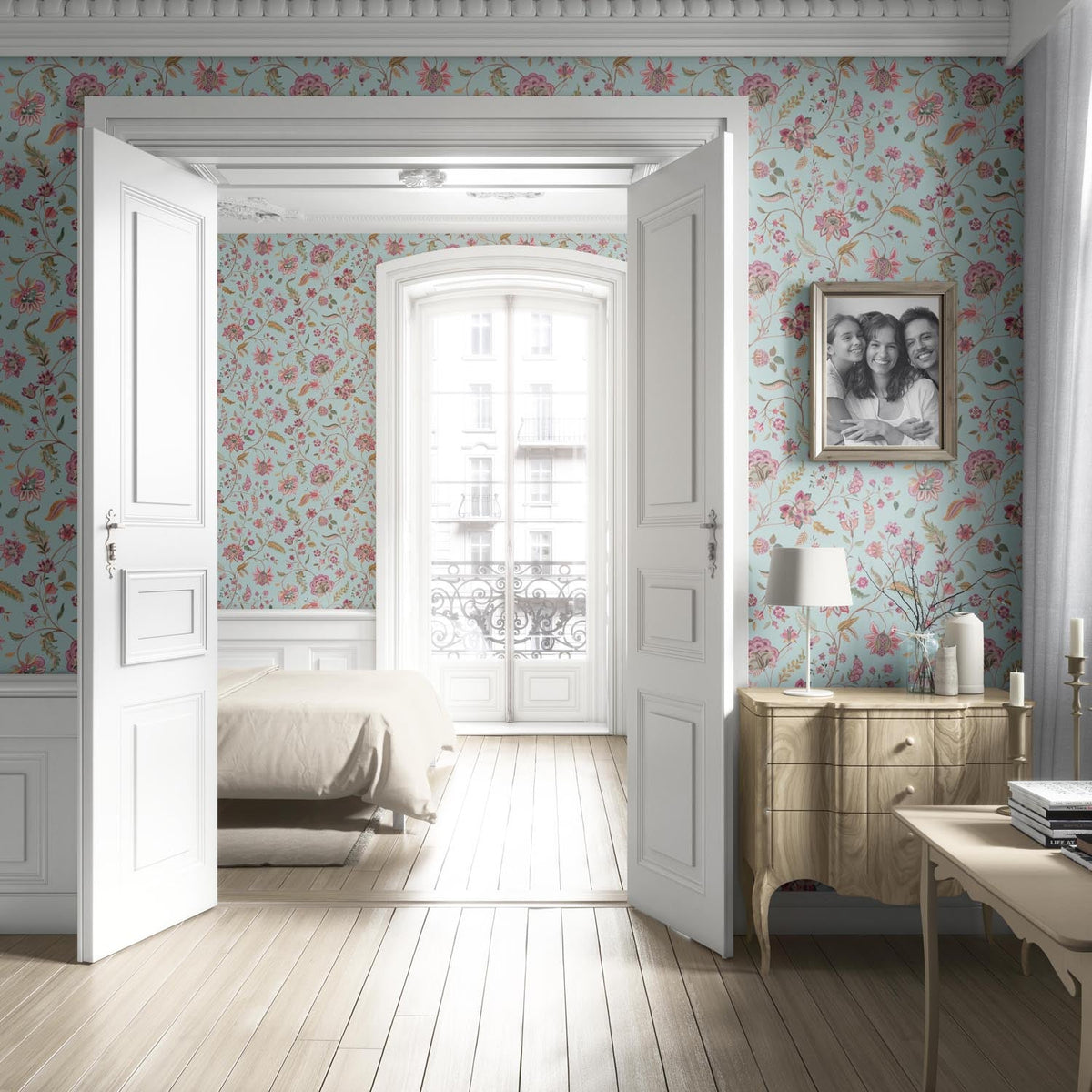 Floral Botanical Patterned Living Room Wallpaper Sample (Blue/ Pink/ Green)