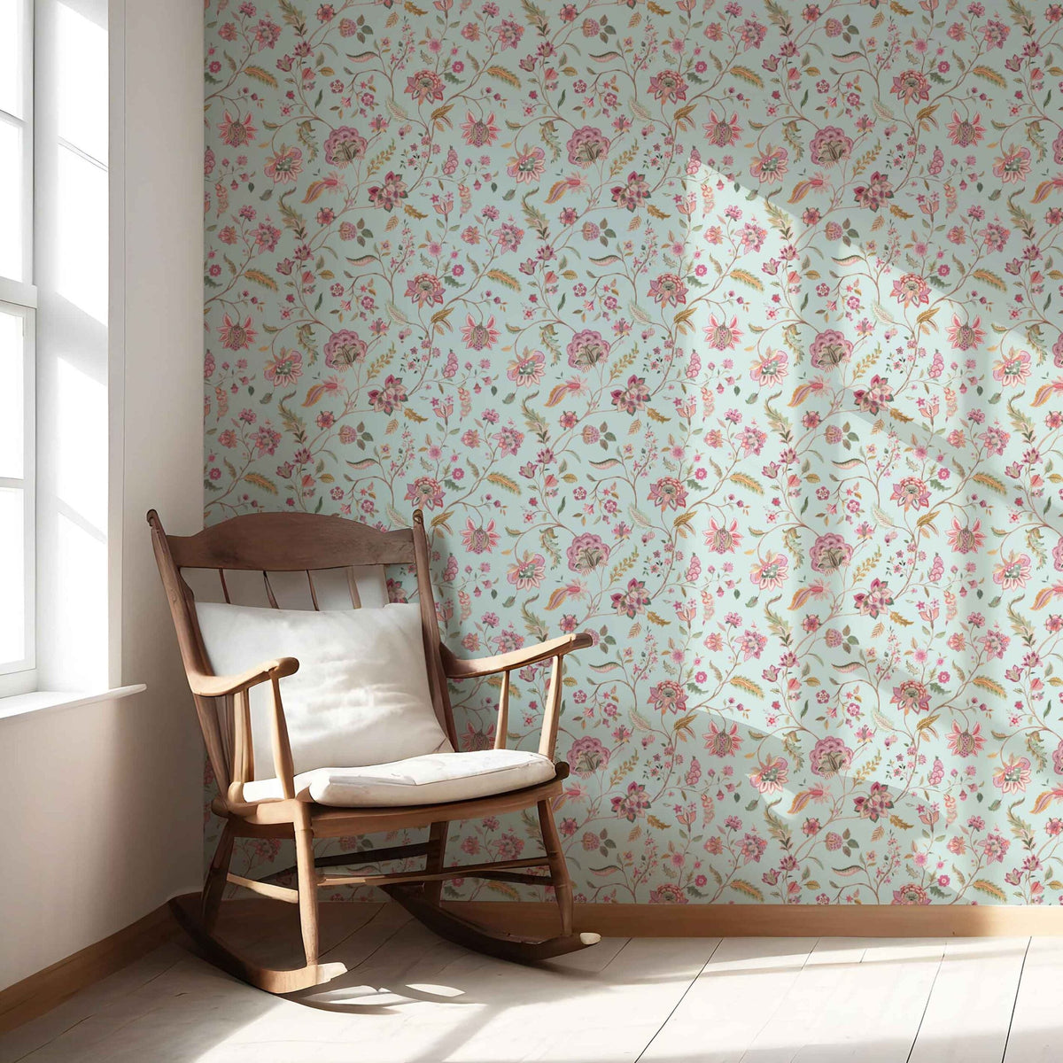 Floral Botanical Patterned Nursery Wallpaper Sample (Blue/ Pink/ Green)