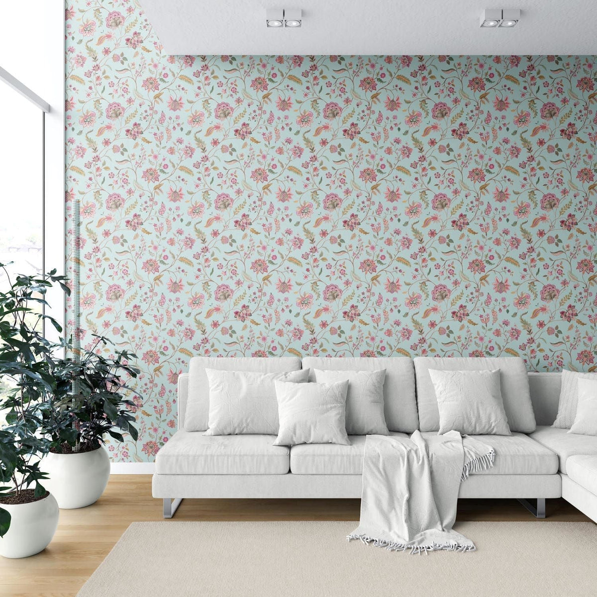 Floral Botanical Patterned Shower Toilet Wallpaper Sample (Blue/ Pink/ Green)