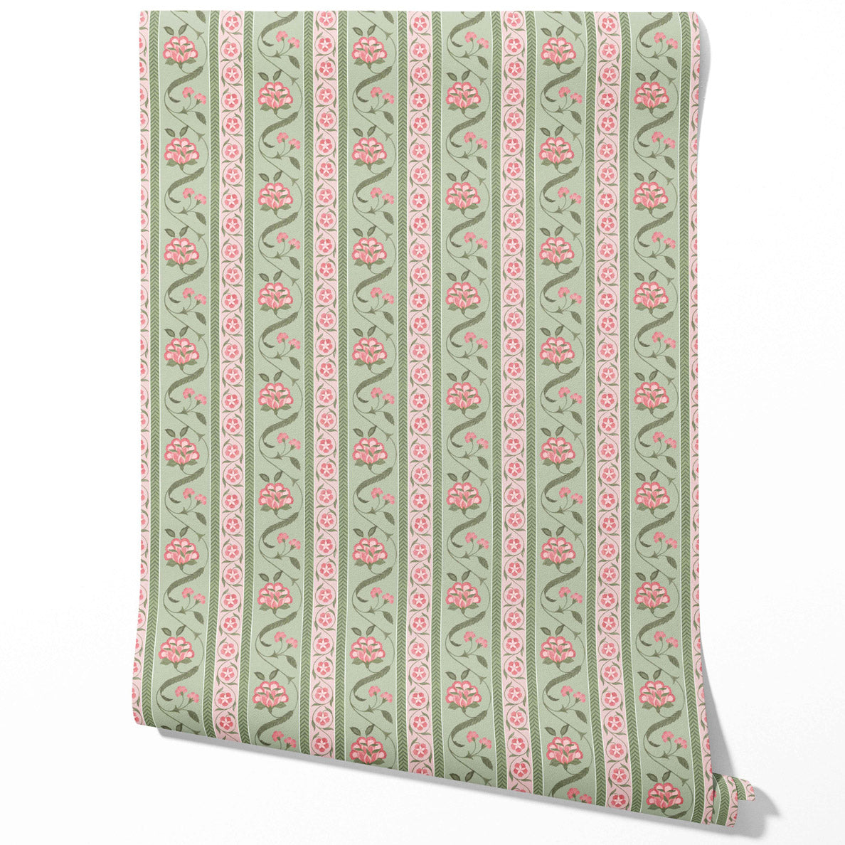 Floral Botanical Striped Traditional Wallpaper (Green/ Pink)