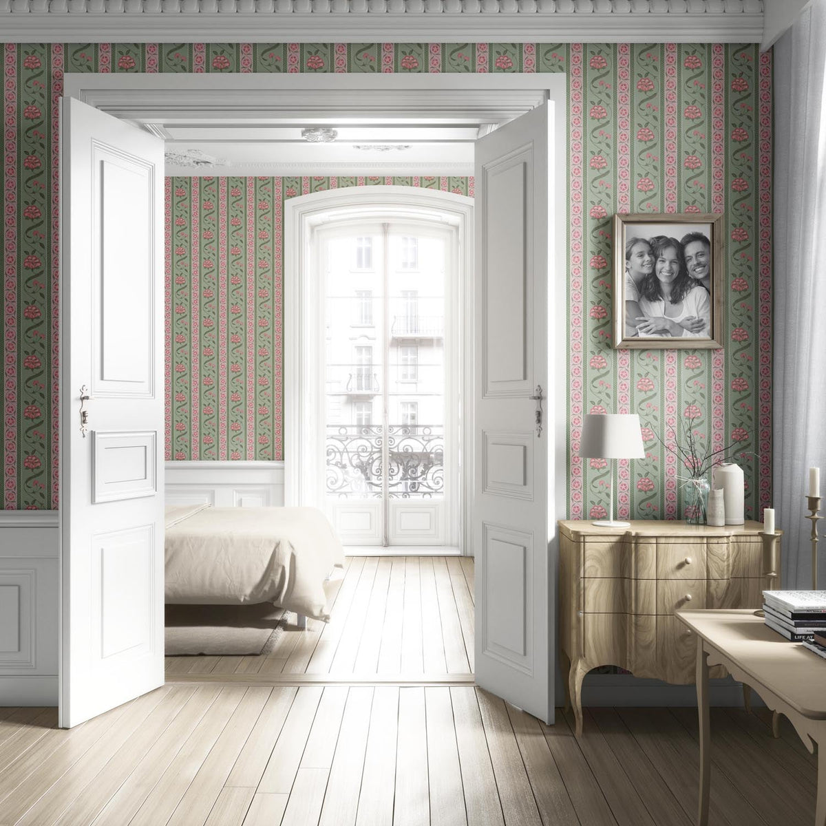 Floral Botanical Striped Living Room Wallpaper Sample (Green/ Pink)
