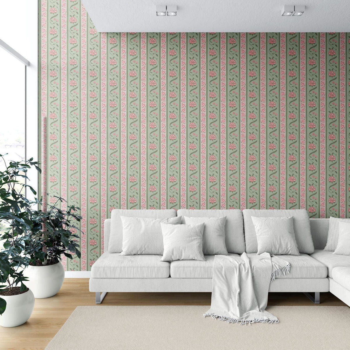 Floral Botanical Striped Shower Toilet Wallpaper Sample (Green/ Pink)