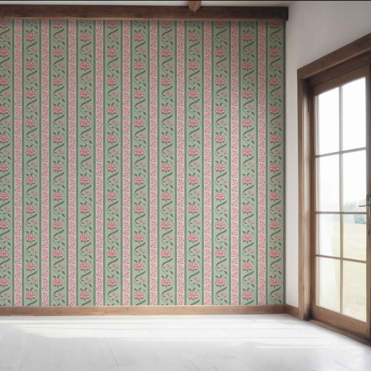 Floral Botanical Striped Bedroom Wallpaper (Green/ Pink)