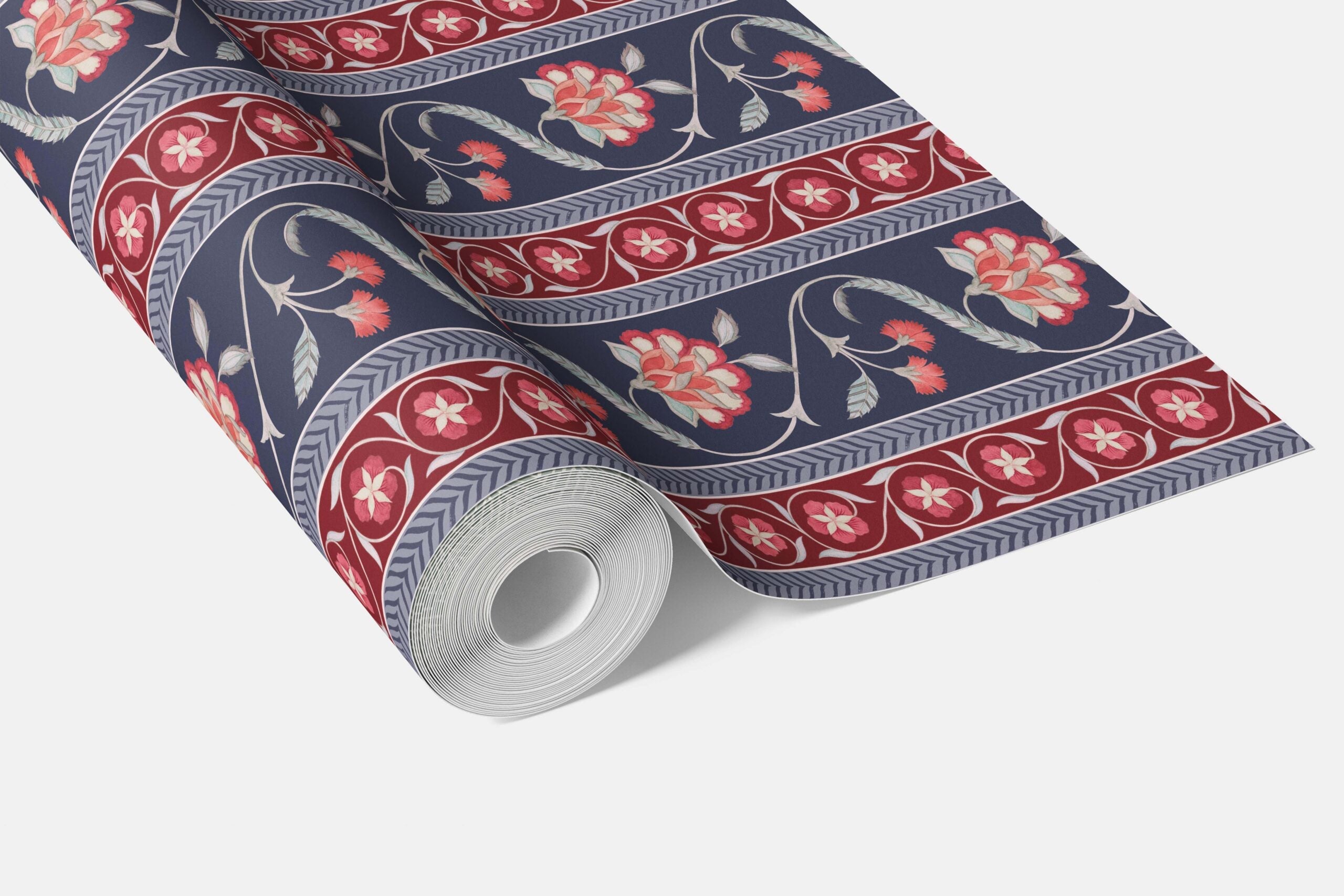 Floral Botanical Striped Bathroom Wallpaper Sample (Navy Blue/ Red/ Gray)