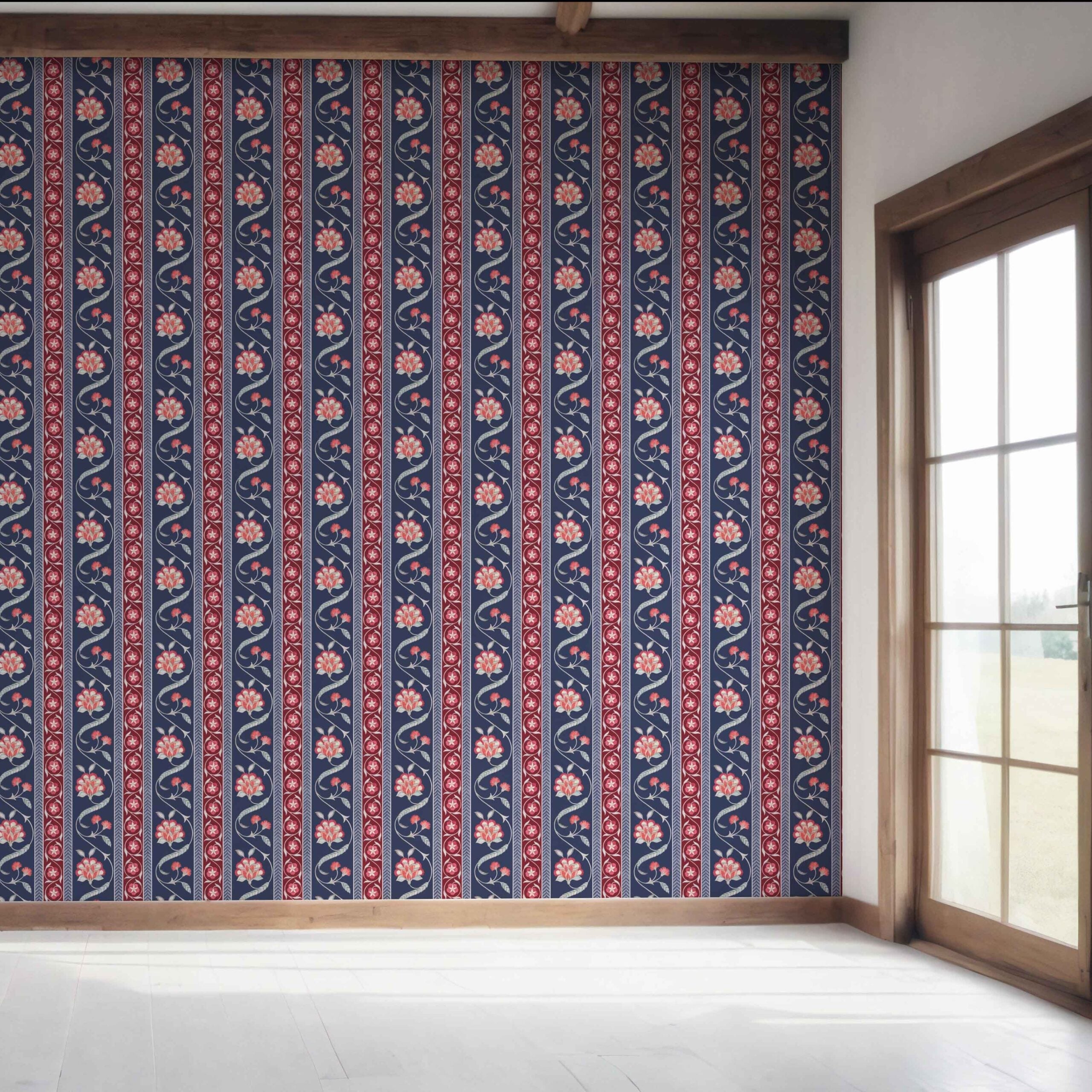 Floral Botanical Striped Bedroom Wallpaper Sample (Navy Blue/ Red/ Gray)