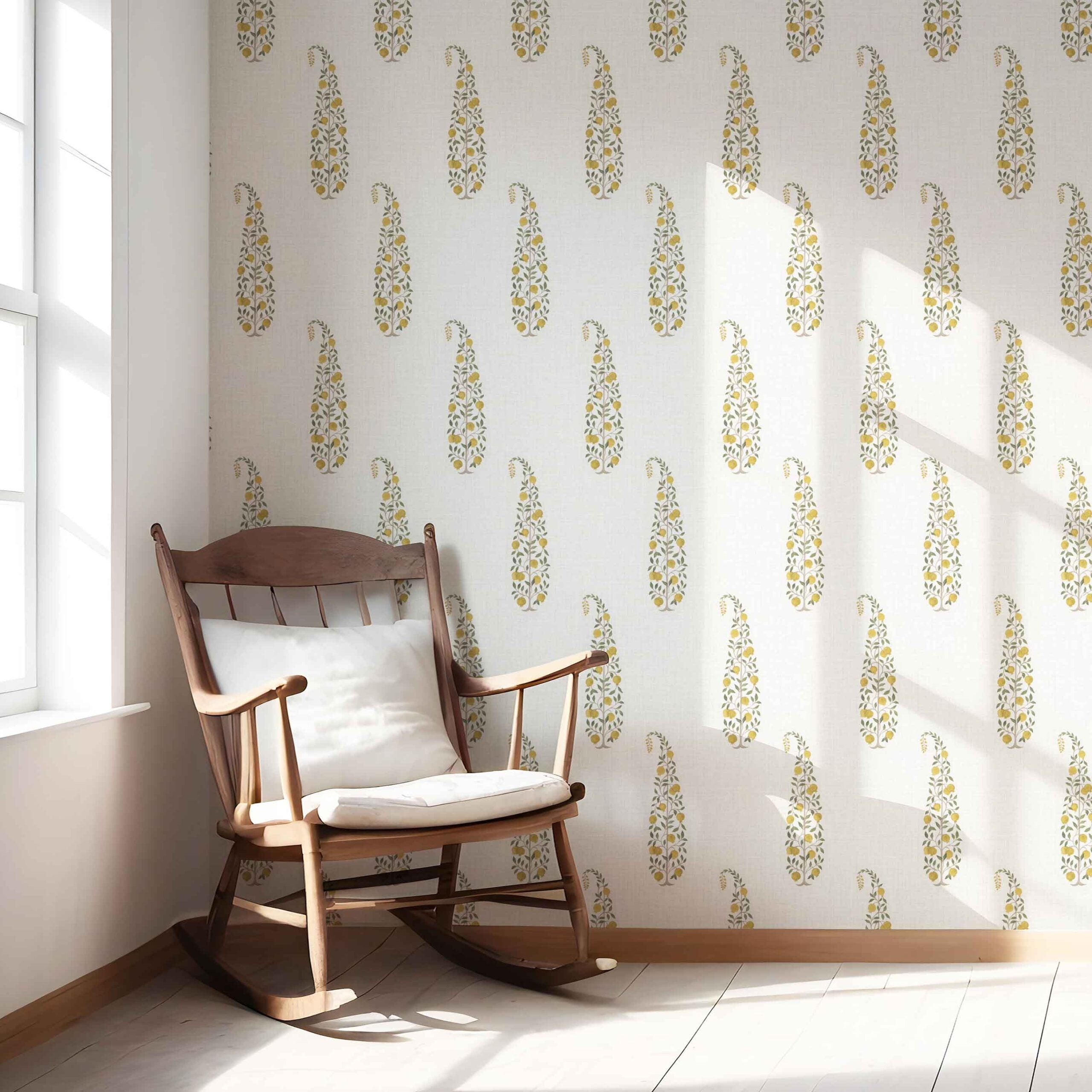 Ethnic/ Vintage-Inspired Floral Paisley Kitchen Wallpaper Sample (Yellow/ Green/ Off-White)