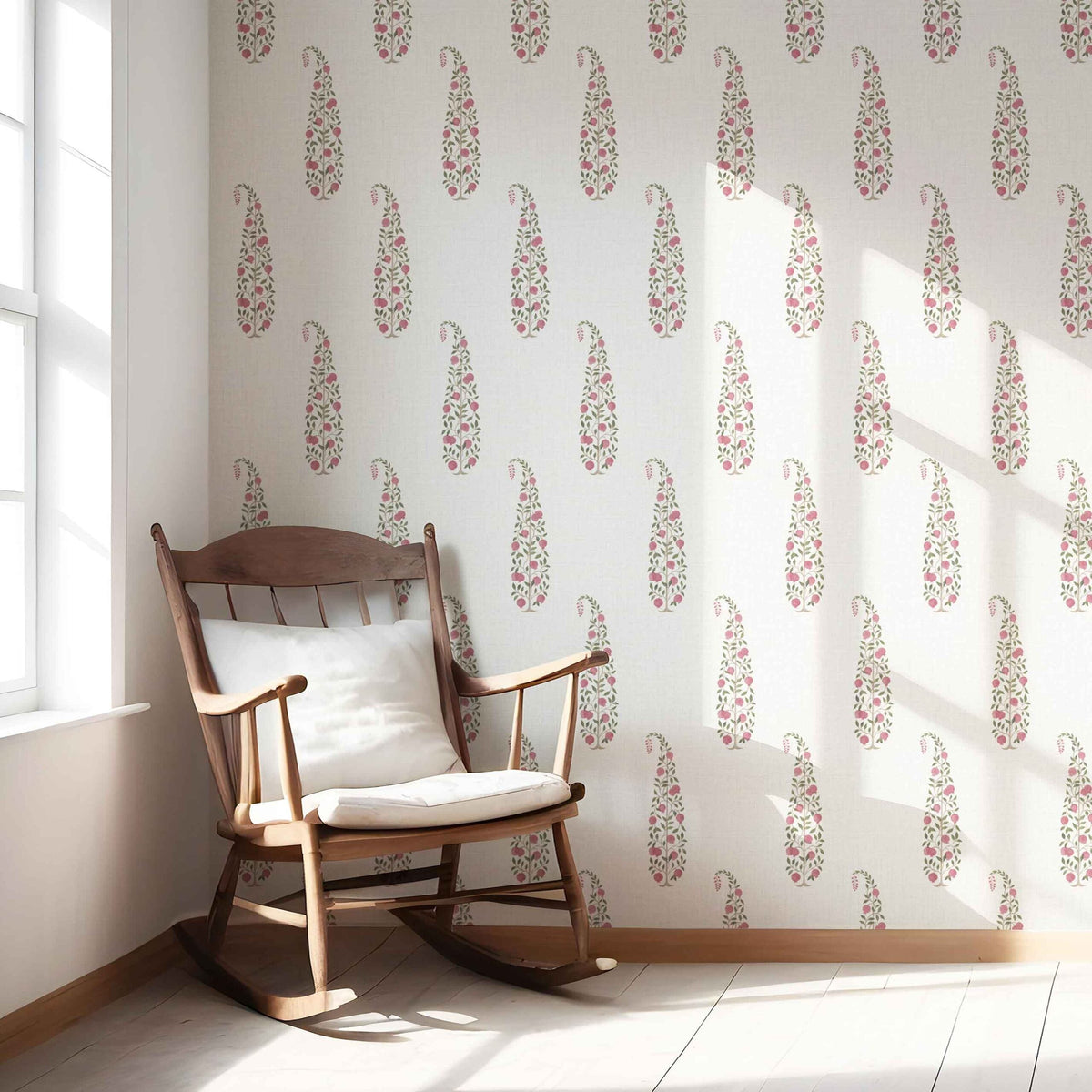 Ethnic/ Vintage-Inspired Floral Paisley Kitchen Wallpaper Sample (Pink/ Green/ Off-White)