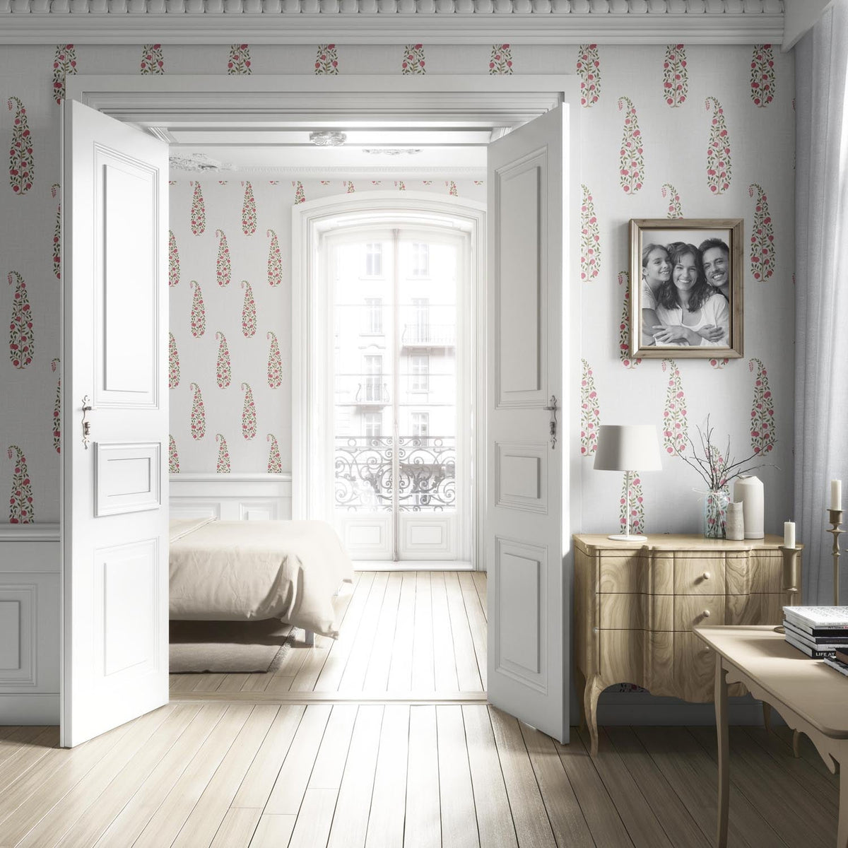 Ethnic/ Vintage-Inspired Floral Paisley Nursery Wallpaper Sample (Pink/ Green/ Off-White)