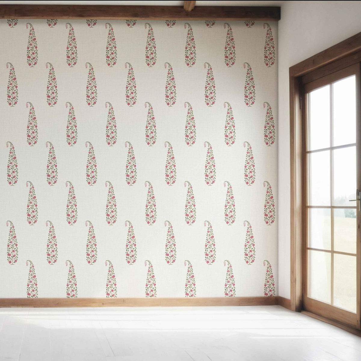 Ethnic/ Vintage-Inspired Floral Paisley Bedroom Wallpaper Sample (Pink/ Green/ Off-White)