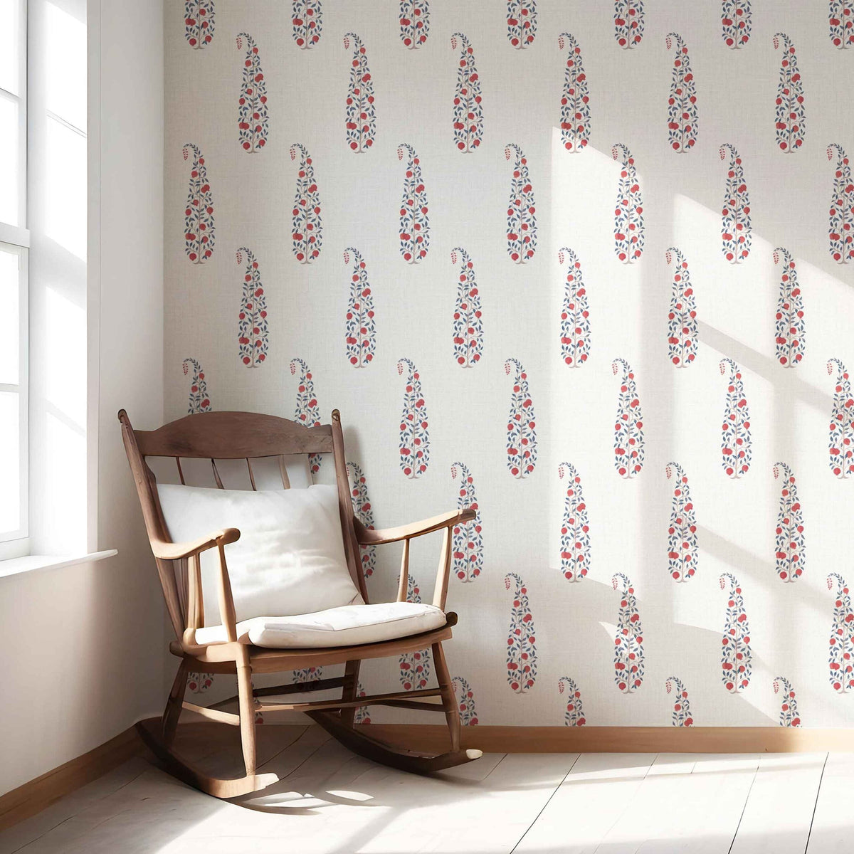 Ethnic/ Vintage-Inspired Floral Paisley Kitchen Wallpaper Sample (Red/ Navy Blue/ Off-White)