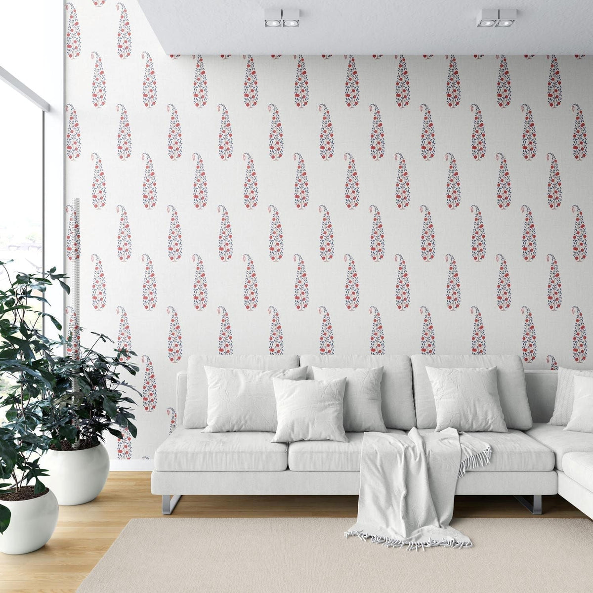 Ethnic/ Vintage-Inspired Floral Paisley Shower Toilet Wallpaper Sample (Red/ Navy Blue/ Off-White)