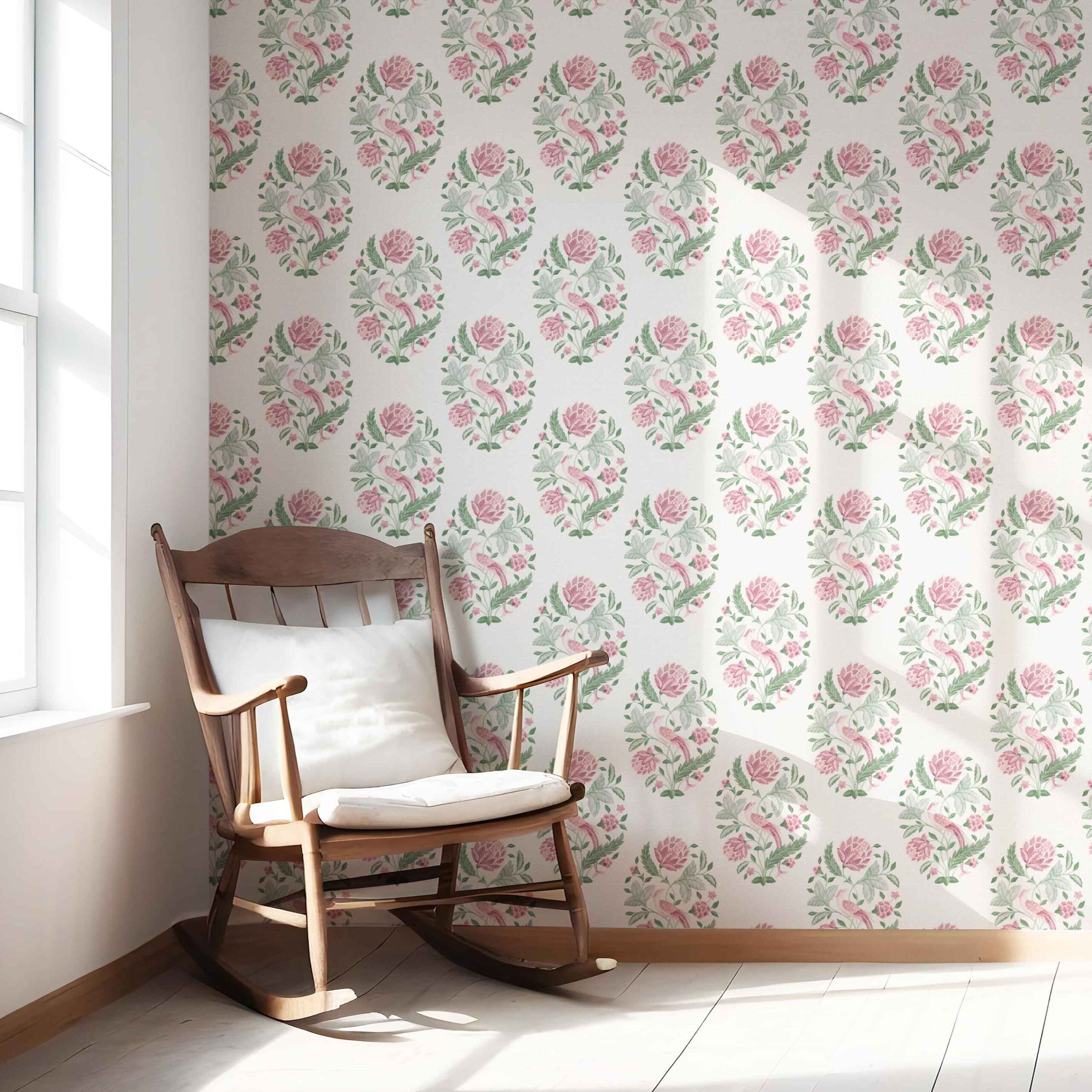 Birds/ Floral Block Print Nursery Wallpaper (Pink/ Green)
