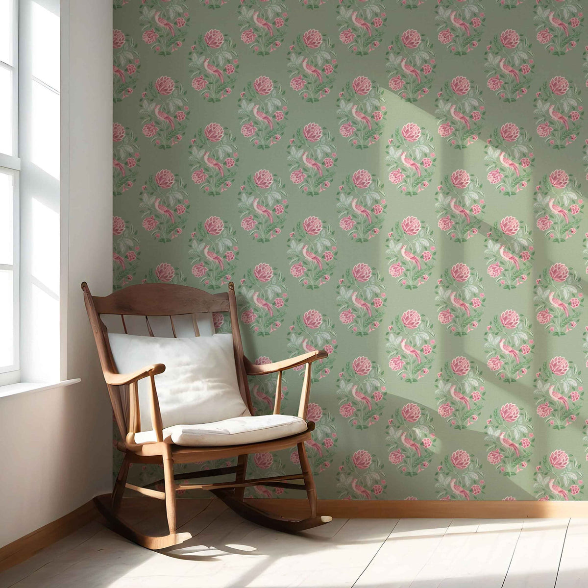 Birds/ Floral Block Print Nursery Wallpaper (Sage Green/ Pink)