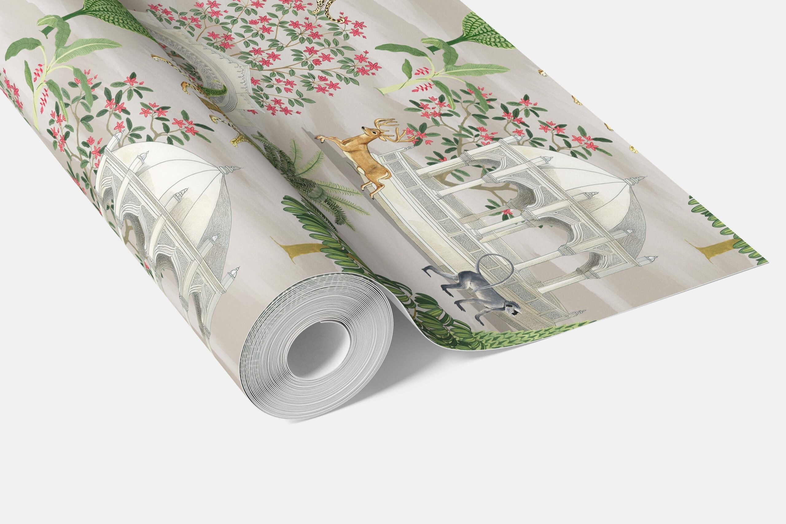 Vintage Heritage/ Ethnic Chinoiserie Bathroom Wallpaper (White/ Green/ Pink/ Tan/ Red)