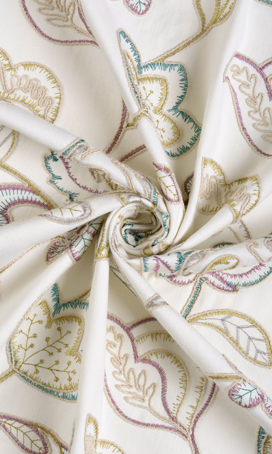 Vine Embroidered Fabric By the Yard for Curtains & Drapes (White/ Green/ Pink)
