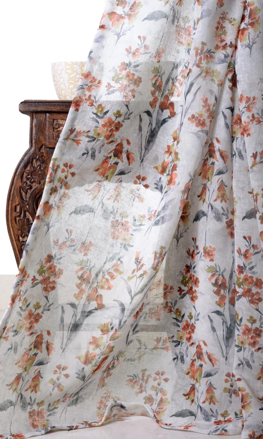 Floral Print Sheer Window Treatments Fabric By the Yard (White/ Orange)