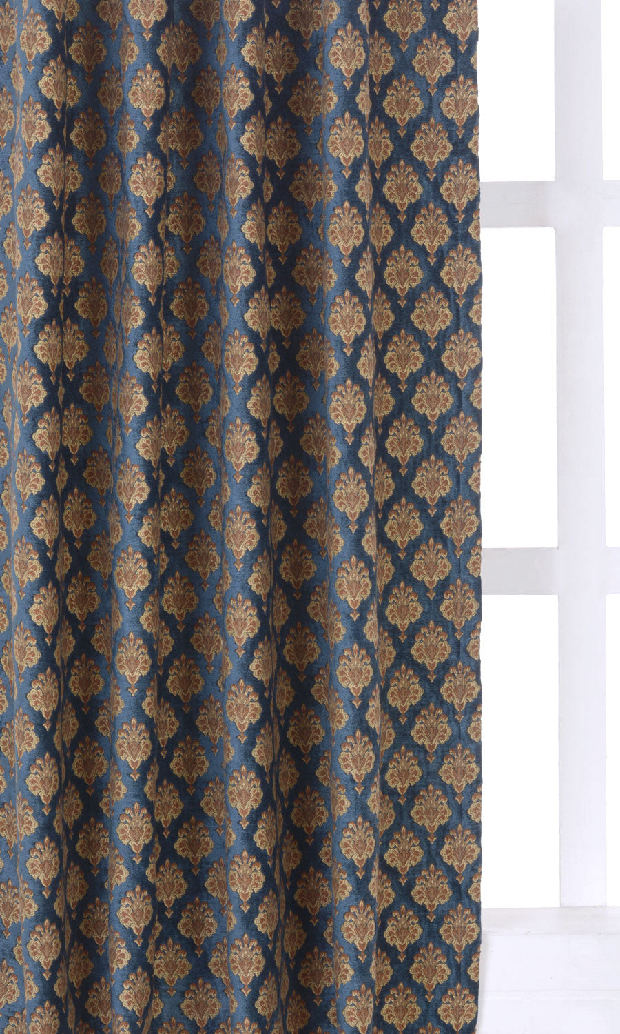Velvet Fabric Sample for Curtains & Drapes (Navy Blue and Gold)