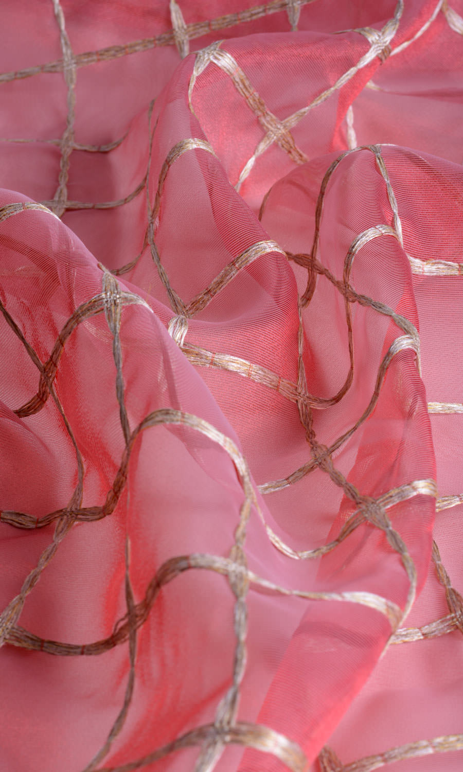 Checked Sheer Free Fabric Material Sample (Coral Red/ Pink/ Gold)