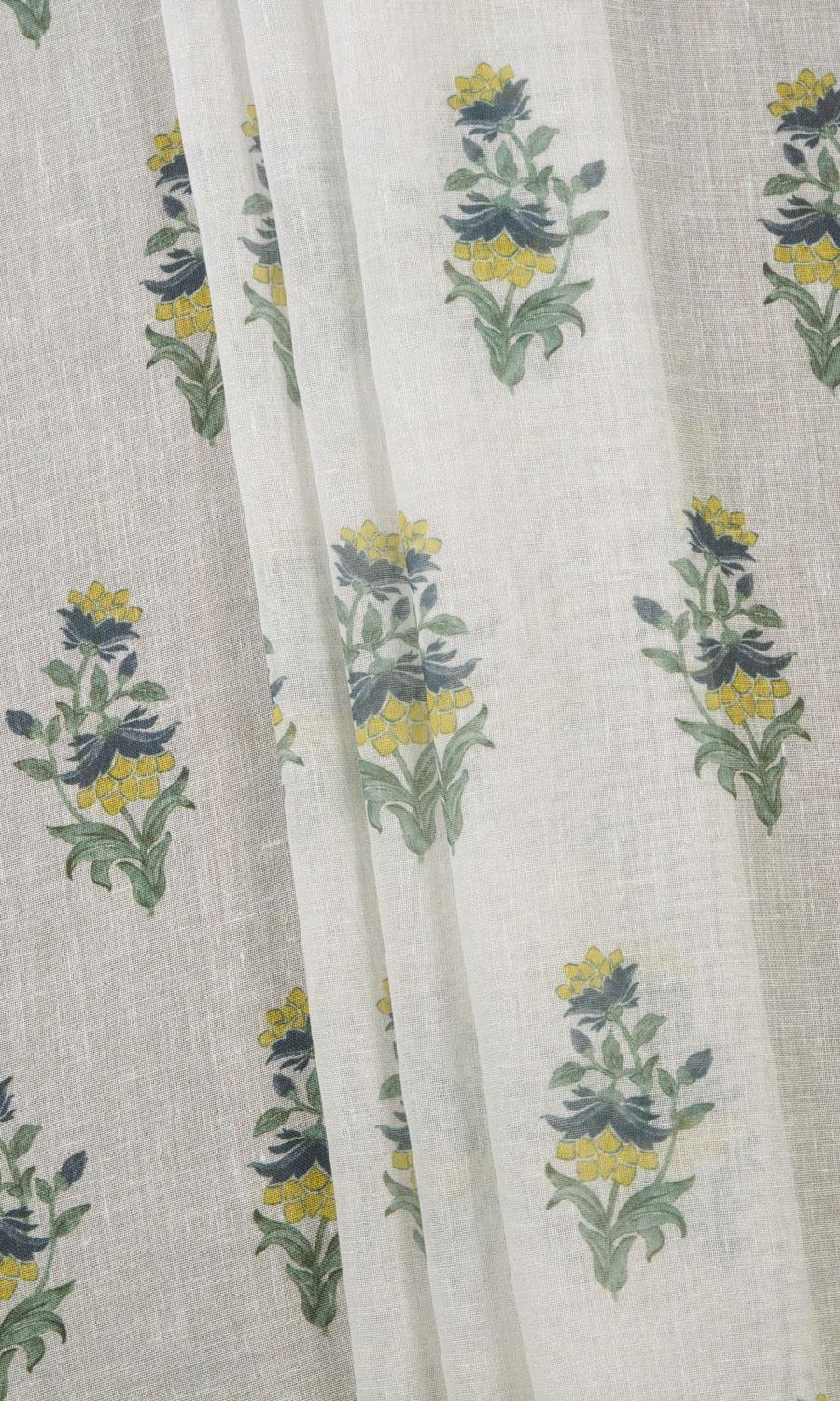 Sheer Floral Window Treatments Fabric By the Yard (White/ Green/ Yellow)