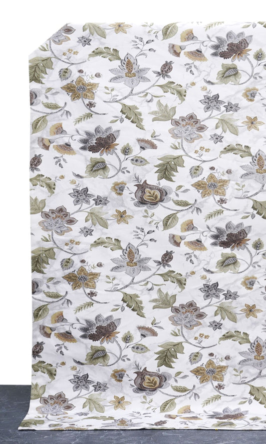 Floral Cotton Home Décor Fabric By the Yard (White/ Grey/ Green)