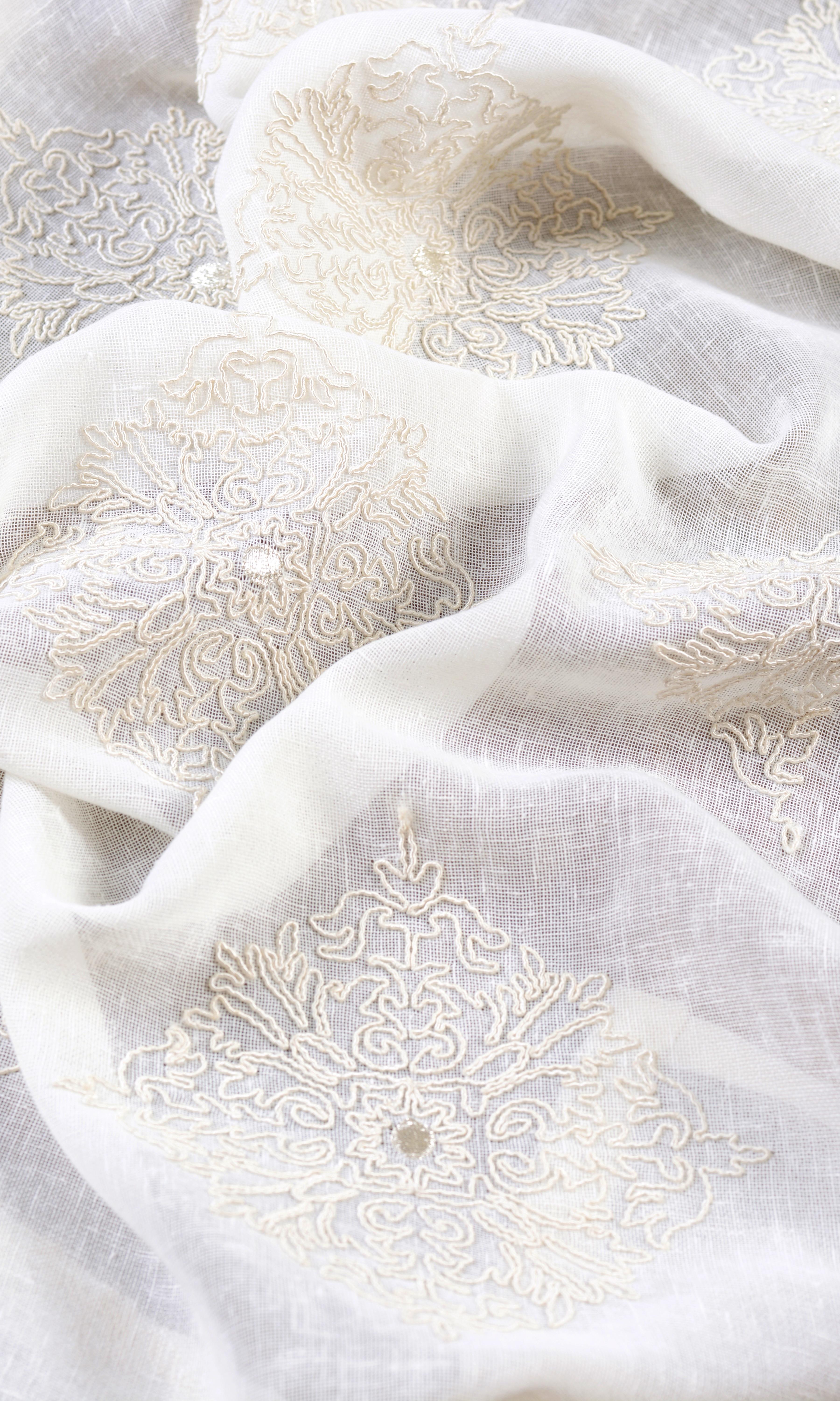 Sheer Floral Embroidered Home Textile Fabric Material By the Yard (White/ Cream)