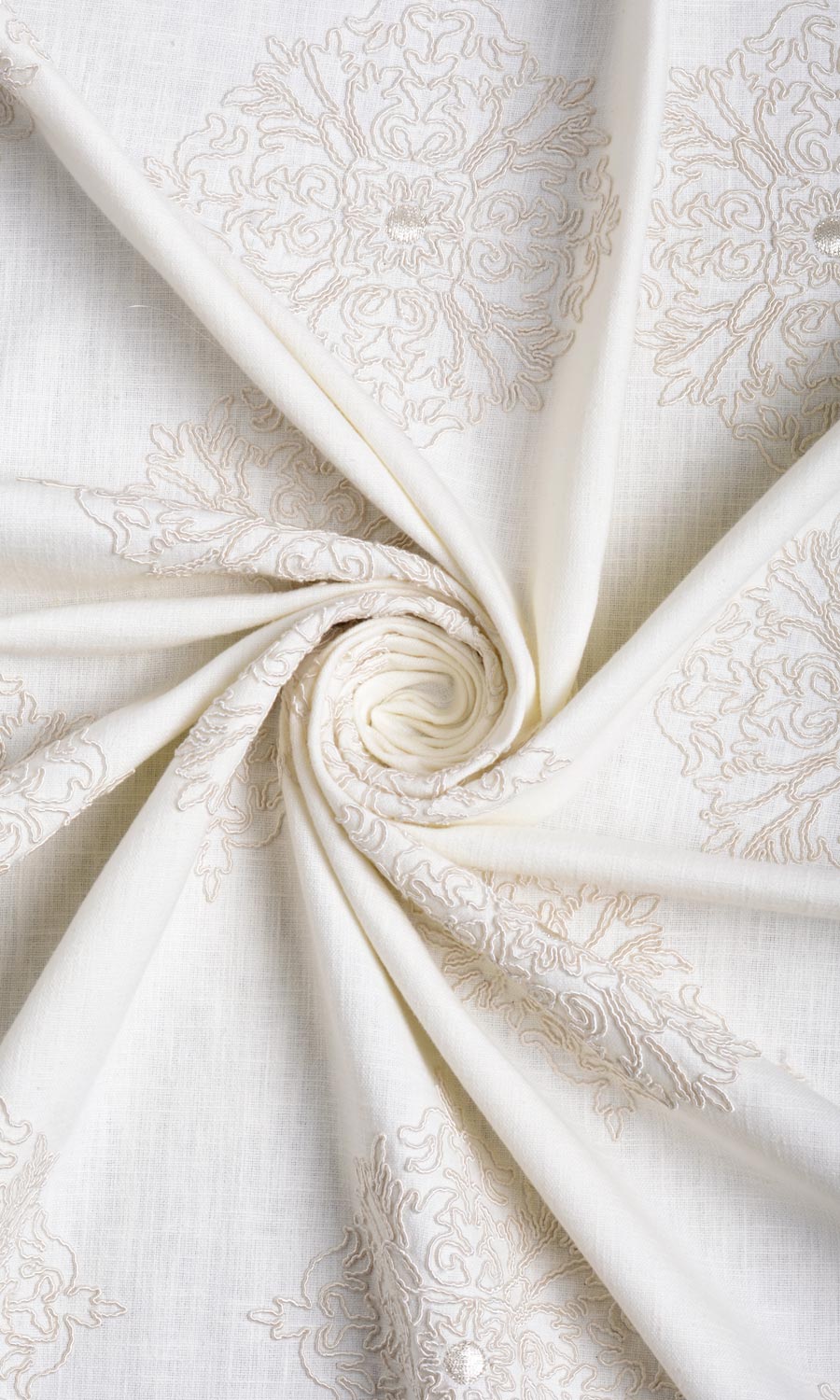 Poly-Linen Embroidered Fabric By the Yard for Curtains & Drapes (White/ Cream)